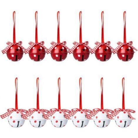 12 rot-weiß gepunktete Weihnachtsglöckchen – Festlicher Baumschmuck aus Metall, Set mit 12 Anhängern (1/5)