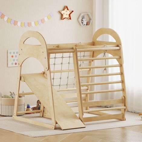 Structure d'escalade intérieure 6-en-1, toboggan, barres d'escalade, mur d'escalade, échelle, filet, bois, pour enfants de 3 à 6 ans, jeu de gym à la maison (1/5)