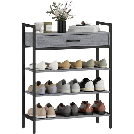 Étagère à chaussures à 4 niveaux, étagère d'entrée pouvant contenir jusqu'à 9 paires de chaussures, panneaux de particules, métal, gris
