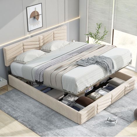 Letto imbottito in velluto beige 140x190 cm con rete a doghe e testiera regolabile (1/5)