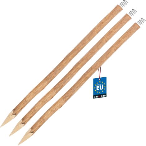 KOTARBAU® Lot de 3 Poteau Bois pour Palissade - Poteau de Clôture Ø 9 cm x 150 cm - Poteau en Bois de Noisetier - Poteau de Clôture Ganivelle - Pointu - Naturel - avec Crampons en U (1/4)