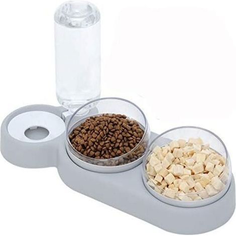 Double Gamelle Chat Surélevée.Inclinable à 15° Bol pour Chat Anti-Vomissements Bol pour Animaux de Compagnie 3-en-1 à Stockage D'eau Automatique.Disponible pour Les Chats et Les Chiots (grise) (1/5)