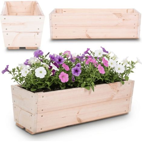 MODO24 KOR Jardinière en bois, bac à fleurs rebord de fenêtre/balcon, 19x63,4x25 cm, naturel brut