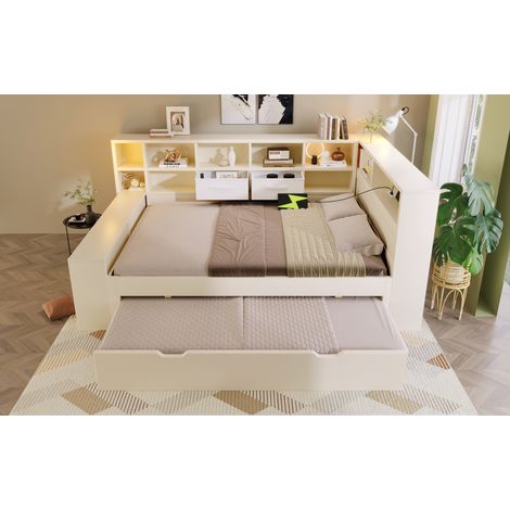 DESVIAE Lit 140 x 200 cm avec lit gigogne et rangements blanc ports USB et USB C 8 niches de rangement bois (1/5)