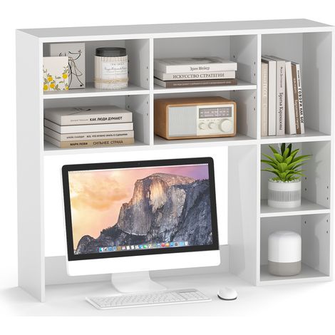 Bibliothèque de Table avec 3 Étagères Réglables et Compartiment Ouvert pour Moniteurs à 27", Organisateur de Comptoir pour Maison, Bureau, Blanc (1/5)
