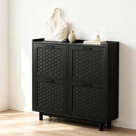 Meuble à chaussures 100 cm – 4 portes abattantes en rotin – Résistant à l'humidité – style japonais – rangement astucieux - noir (1/5)