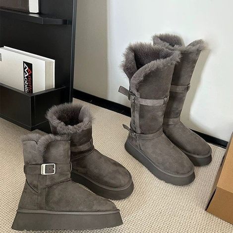 Bottines Femme Hiver Cuir Boucle Style Cavalier Fourrure Mouton Doublure Velours Chaudes Chaussures Neige Talles Longues (1/2)