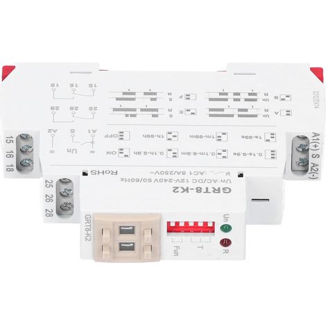 Relais temporisé GRT8-K2 12-240V AC/DC 50/60Hz, contact inverseur bipolaire, commutateur bidirectionnel fermé. (1/5)