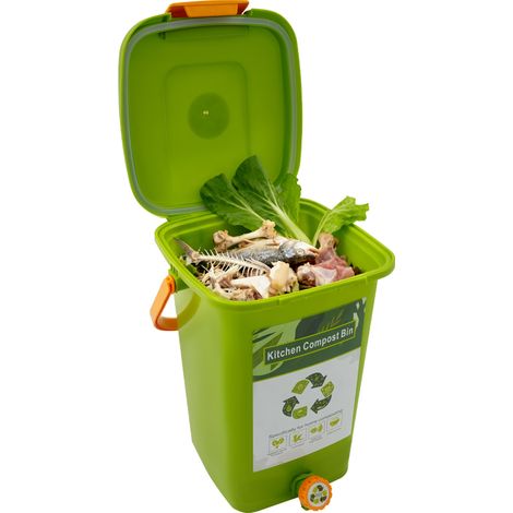 Bac à compost de cuisine 15l vert, double couvercle étanche anti‑odeurs, composteur automatique avec filtre et robinet (1/5)