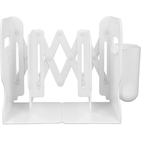 Serre-livres extensible, antidérapant, robuste, décoratif, réglable, pour étagère de bureau, avec porte-stylo amovible, blanc (1/5)