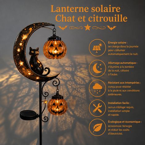 Lampe solaire de jardin d'Halloween à piquet motif chat noir et citrouille double boule réf 6974 31 × 16 × 7 cm 450 g – Livraison gratuite