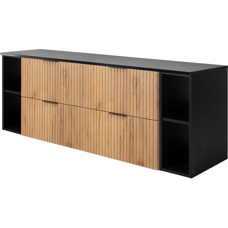 Furnidea - Meuble sous vasque FLOW CHÊNE 160 cm avec 2 x l'étagères - extensions et plan NOIR - 4 tiroirs - façades rainurées (1/5)