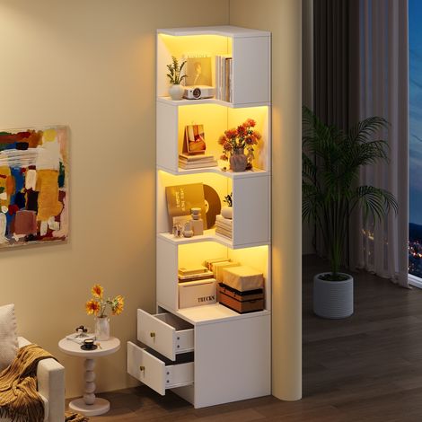 Étagère d'angle 45x43.5x180cm - bibliothèque de rangement en l avec éclairage led connecté et 2 tiroirs pour salon chambre bureau - style moderne en mdf blanc (1/5)