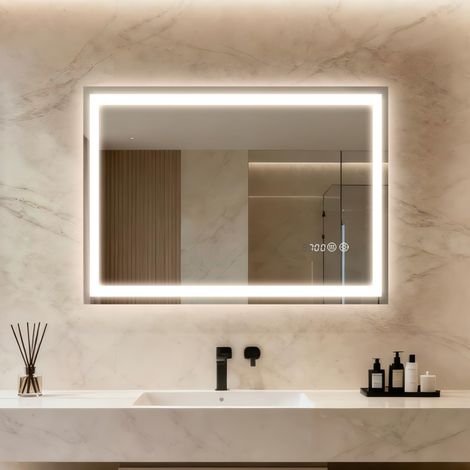 Miroir de Salle de Bain avec éclairage et Horloge, 70 x 50 cm, Miroir LED avec 3 Couleurs de lumière à intensité Variable, Verre trempé et Horloge numérique, Interrupteur Tactile, Fonction (1/5)