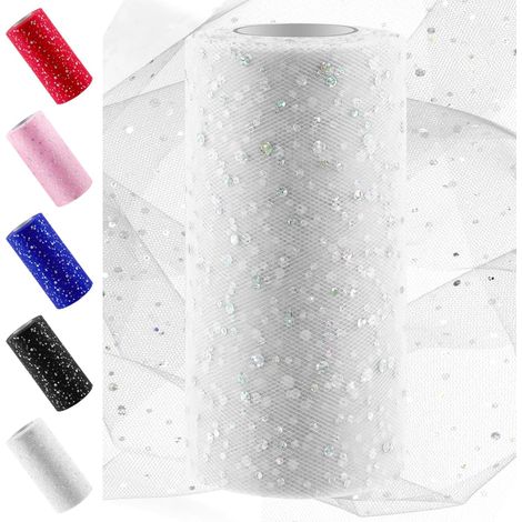Sweet Roll of white sequined tulle, 15.2 cm x 50 yards, shimmering polyester spool for DIY, parties and decorations (1/5)