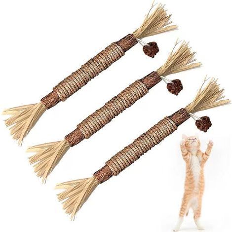 Lot de 3 jouets pour chat en bois naturel, jouets à mâcher à l'herbe à chat, nettoyage des dents, soins dentaires et friandises comestibles pour chat (1/4)