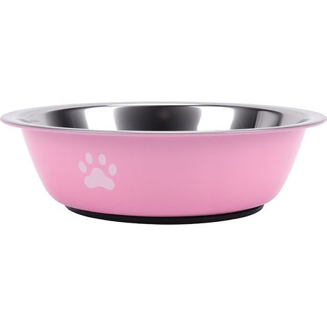 Gamelle pour chien en acier inoxydable avec fond en caoutchouc antidérapant, facile à nettoyer, distributeur d'eau et de nourriture pour animaux de compagnie, 11x11x3.5cm, rose (1/5)
