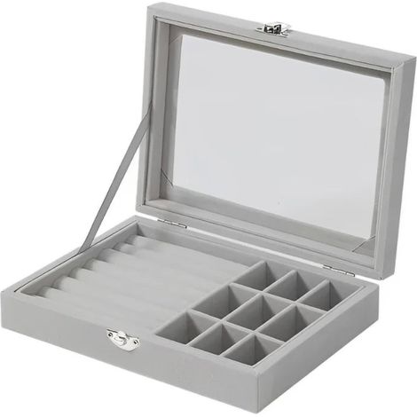 Herzberg hg 05361 organizador de joyas de terciopelo con tapa de vidrio 9 rejillas 7 ranuras para anillos