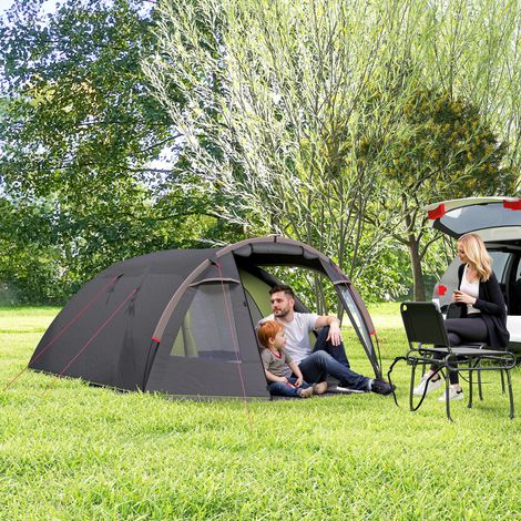Tente camping familiale pour 2-4 personnes, tente tunnel imperméable 3000 mm 3 portes, 3,6 x 2,5 x 1,3 m, noir