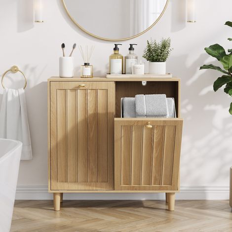 Mobile portabiancheria in MDF rovere con 2 cesti estraibili, 69,5 x 39 x 70,5 cm (1/5)