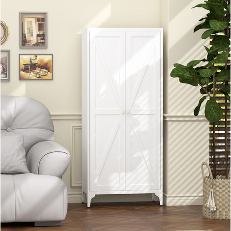 Armadio dispensa in metallo, 2 ante, ripiani regolabili, design a righe, bianco (1/5)