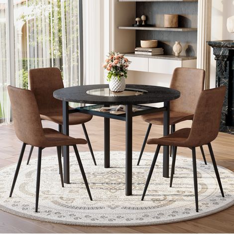 Set tavolo rotondo moderno 100 cm con 4 sedie in tessuto marrone e struttura nera (1/5)