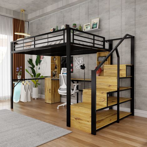 Letto a soppalco in metallo 255x144,5x170,5 cm nero con scrivania – MEUBLIV (1/5)