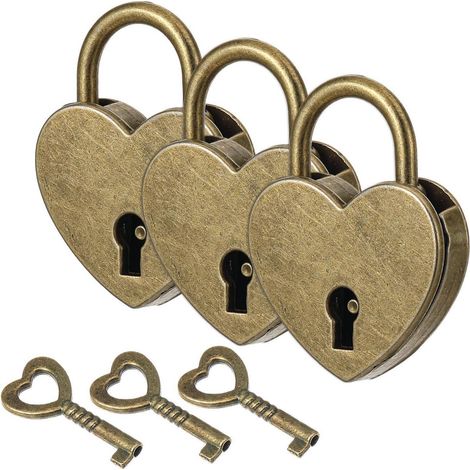 3er Set Mini Vorhängeschlösser Herzform mit Schlüssel, Antik Bronze