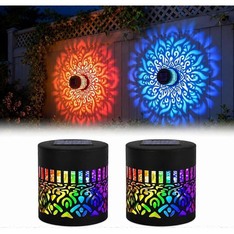 Lot de 2 lampes solaires mandala décoratives projection colorée pour jardin terrasse clôture ou cour à poser sur mur extérieur (1/5)