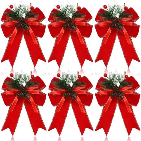 Paquet de 6 nœuds de Noël, nœuds rouge à carreaux (en ruban) (1/5)