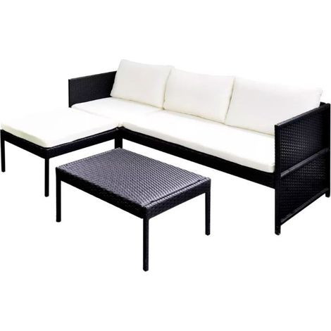 Salon de jardin 1 canapé résine tressée noir coussins blanc Kesaria (1/3)