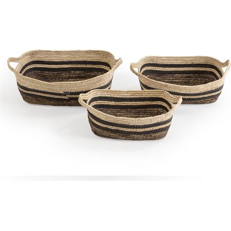 Set de 3 cestas Luar de fibra natural y papel, marrón/beige con asas