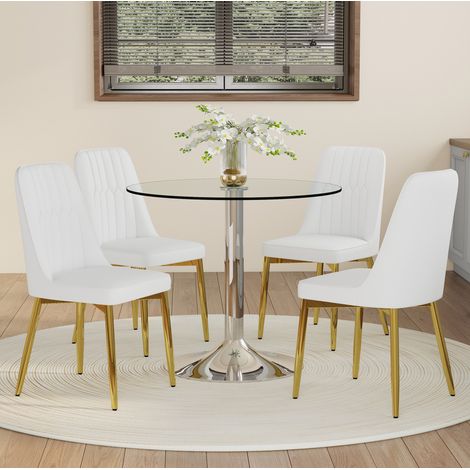 Set da pranzo con tavolo rotondo in vetro trasparente e 4 sedie in PU bianco, base argento e gambe oro, Ø85x76 cm (1/5)