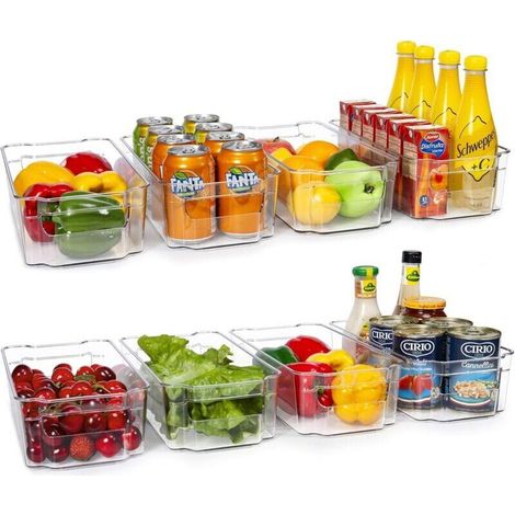 SABIR Bacs d'organisateur de réfrigérateur - Bacs en plastique transparent pour réfrigérateur, congélateur, armoire de cuisine, organisation de garde-manger, organisateur de réfrigérateur sans BPA