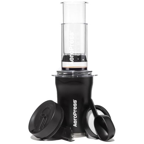 AeroPress Go Plus cafetera portátil pequeña, ideal para viajes, camping y oficina, prensa francesa todo en uno, cafetera manual estilo espresso y pour-over, preparación en 2 min, Negro