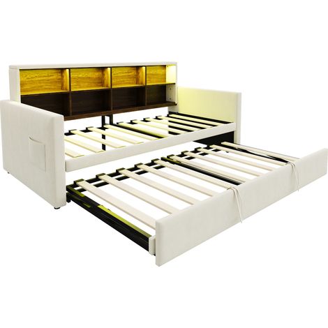Cama capitoné 90 x 190 cm con somier nido, cabecero con almacenaje, LED y tomas, beige (1/5)