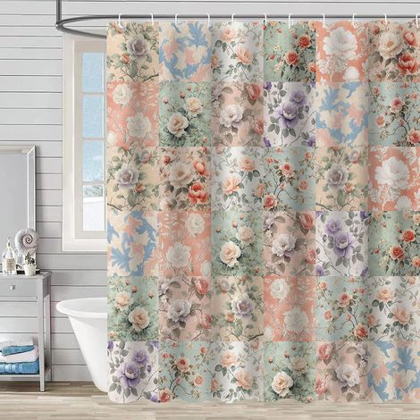 Rideau de salle de bain bohème 180×200 cm – imprimé fleurs patchwork rose – tissu imperméable – décoration vintage (1/5)