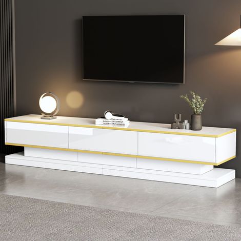 TV Lowboard mit 3 Schubladen und Offenen Fächern, Hochglanz, für Wohnzimmer, 200×40×40 cm, Spanplatte, Weiß (1/5)