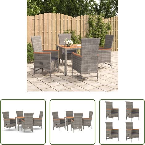 Gartenessgruppe - 5-tlg. Garten-Essgruppe mit Kissen Grau Poly Rattan (1/5)