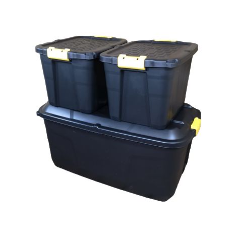 1 x 145L AND 2 x 60L Heavy Duty Trunks 1 on Wheels Sturdy, Lockable, Stackable and Nestable Design Storage Chest with Clips in Black (1/4)