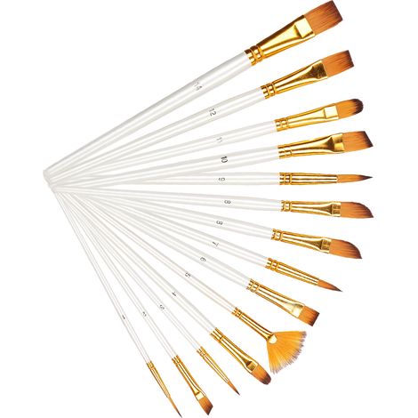 Ensemble de 13 pinceaux d'artiste en nylon, comprenant un manche blanc nacré et des outils pour aquarelle et acrylique. (1/5)