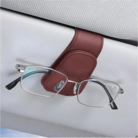 Porte-Lunettes De pour Voiture, Magnétique en Cuir Clip Cintre De Lunettes pour Voiture, Support De Lunettes De Soleil De Visière Voiture Universel avec Pince à Carte (Bordeaux) (1/5)