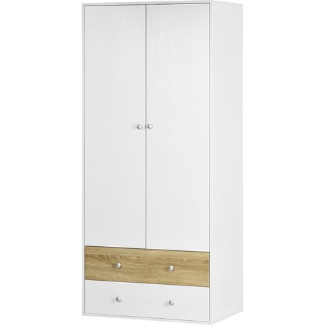 2-Door Wardrobe with 2 Drawers, Hanging Rod and Anti-tipping Straps for Bedroom Clos Storage Organisation, White (1/5)