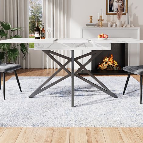 Ausziehbarer Esstisch MDF Weiß mit Marmor-Optik und Metallgestell, 120/160x80x76 cm, für 6-8 Personen (1/5)