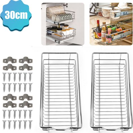 SWANEW Set di 2 cassetti da cucina Cassetto portaoggetti telescopico in metallo cromato Armadio portaoggetti Larghezza armadio 30CM (1/5)