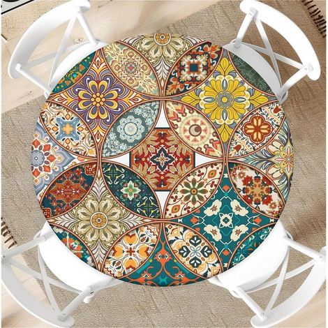 Nappe ronde avec élastique Ø 90cm, Patchwork Rétro, résistante aux intempéries, pour jardin & balcon