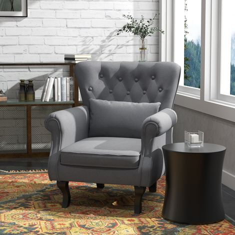 Poltrona vintage grigio scuro con cuscino lombare, siège en tissu rembourré pour salon (1/5)