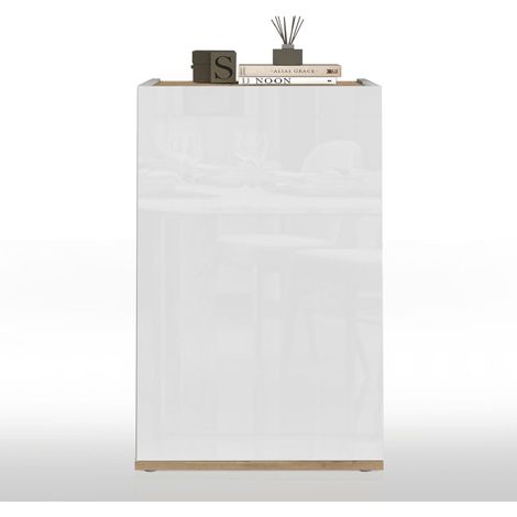 WHOUS Mobiletto salvaspazio portaoggetti Garda con 1 anta bianco lucido/rovere 40,4x35x70 cm