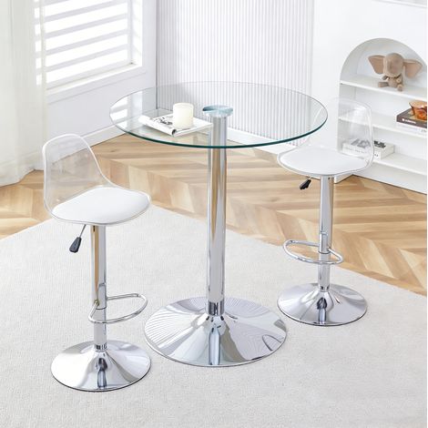 Bar-Set aus Glas, Metall und Kunststoff in Transparent/Silber, runder Tisch Ø 89 cm mit 2 höhenverstellbaren Barhockern (1/5)