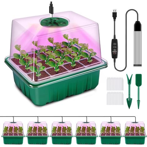 Mini Serre pour Plantes avec Lampe,6 Pièces Serre Semis de Culture avec contrôleur de synchronisation luminosité réglable,épaissir Boite Semis ,Vert (1/5)